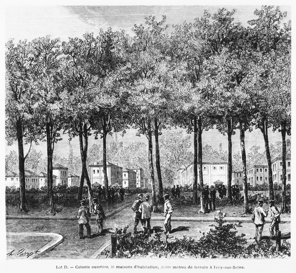 Annonce, der forestiller en arbejderkoloni, illustration fra Le Monde Illustre, 1876 af French School