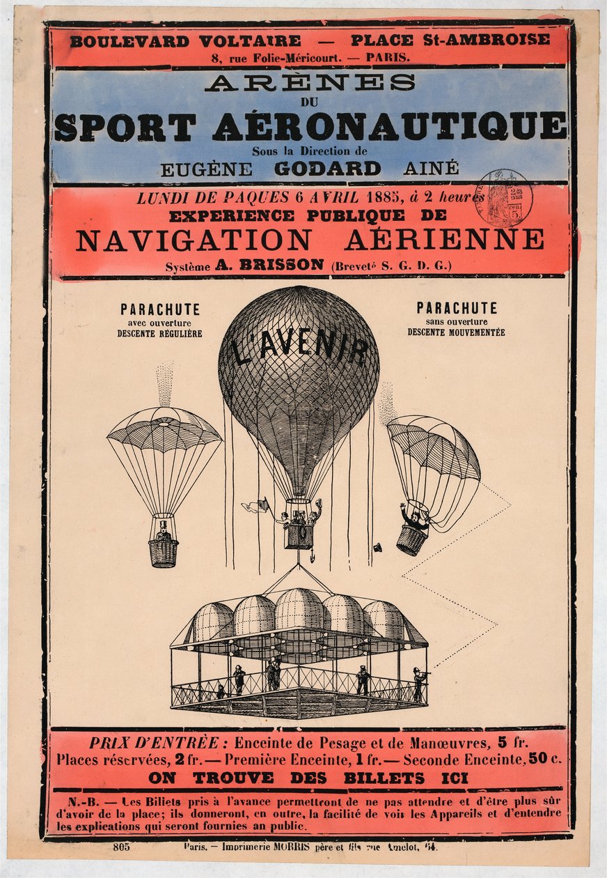 Luftfartsudstilling, der afholdes i Paris i 1885 under ledelse af Eugene Godard, pb. 1885 (farvelitografi) af French School