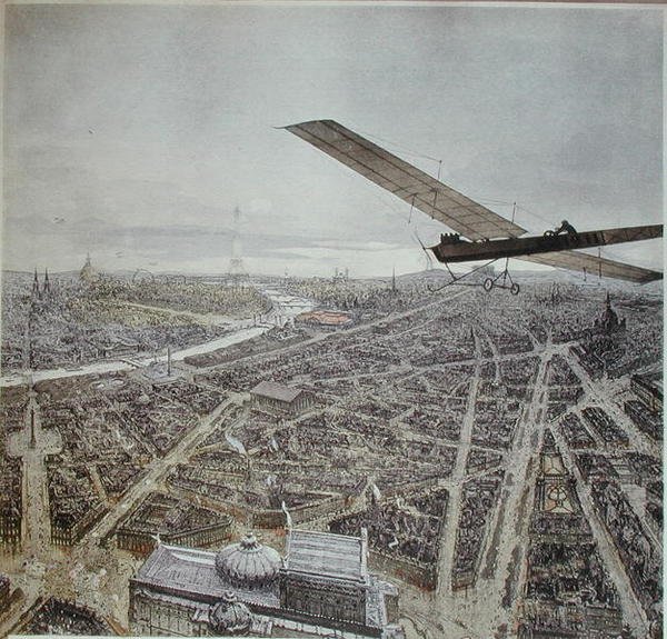 Fly, der flyver over Paris, illustration til en kalender fra 1911 (farve litho) af French School