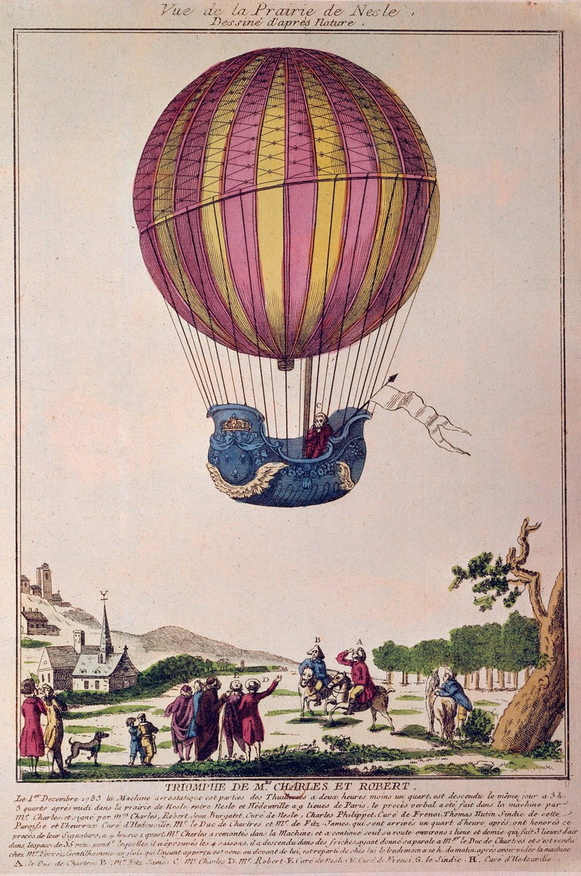 Aerostat: det andet forsøg på at flyve på en ballon. Charles og Robert stiger ned på Prairie de Nesle, nær Paris, efter en tur i en brintgasballon den 1.12.1783. Kobberstik fra det 18. århundrede. af French School