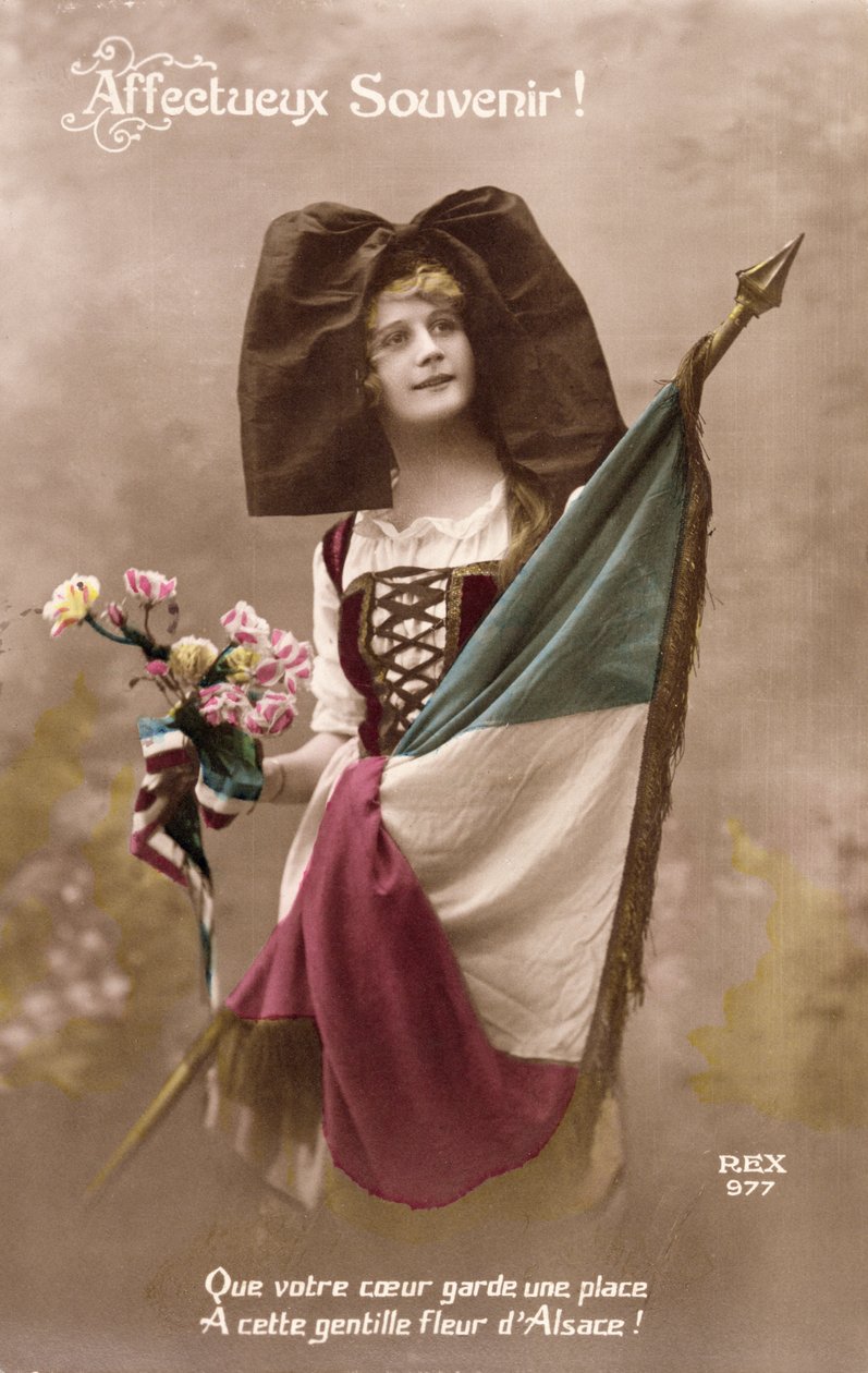 Kærlig hukommelse! Lad dit hjerte beholde et sted for denne søde Alsace-blomst!, postkort, 1914-18 af French School