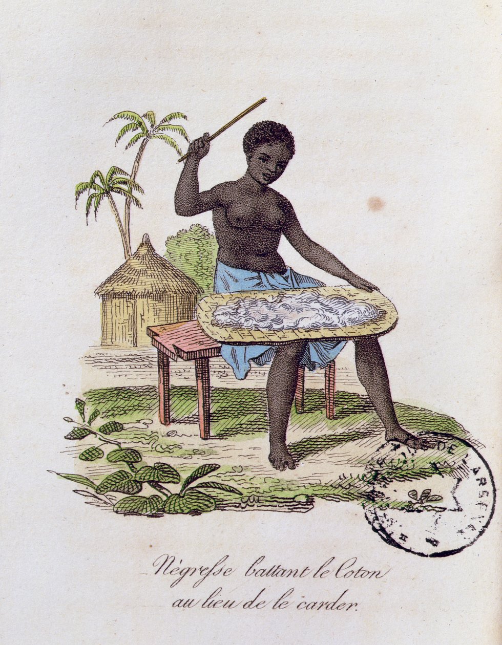 Afrikansk kvinde, der slår bomuld af French School