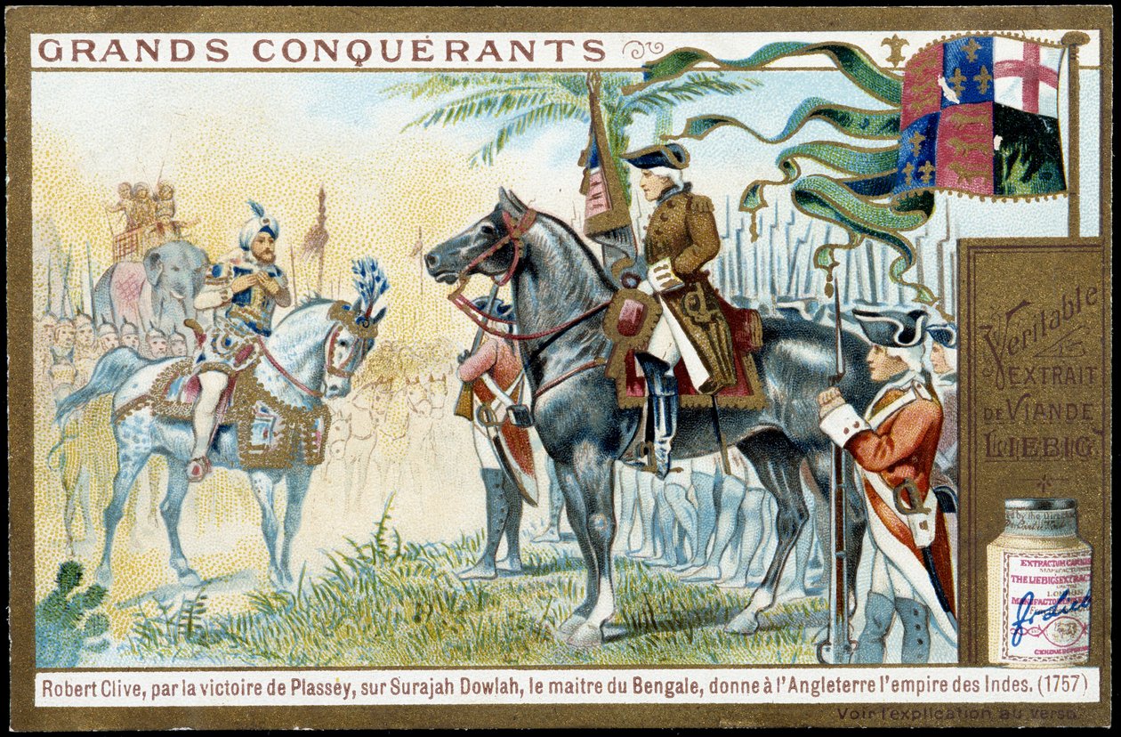 Efter Plasseys sejr over Surajah Dowlah (Suraj Ud-daula eller Ud Daula Ud Daulah eller Ud-Daulah), gav mesteren af Bengal England Indiens imperium i 1757. 1800-tallets liebig kromolitografi. af French School