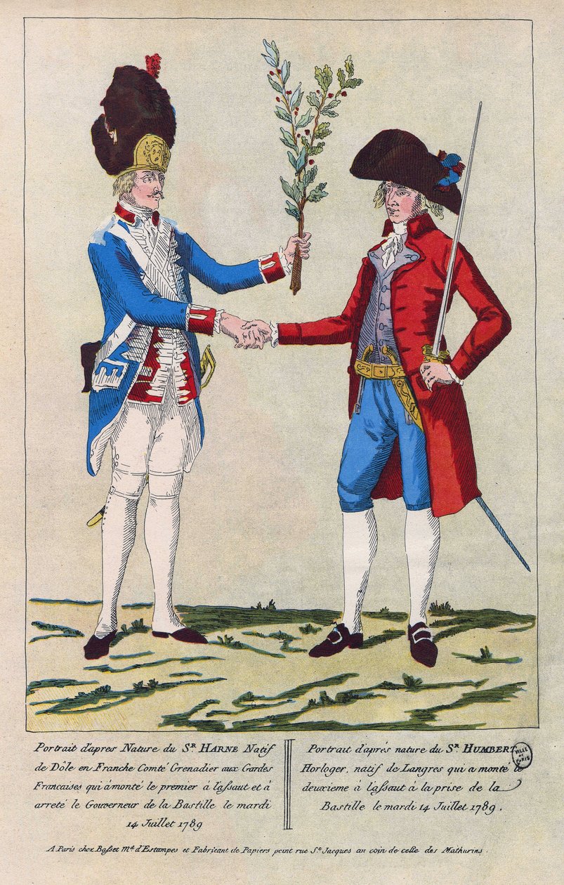 Portræt efter naturen af Sieur Harne, grenadier, og Sieur Humbert, urmager. De var de første mænd, der blev angrebet under erobringen af Bastillen den 14. juli 1789. Stik fra 1790. af French School