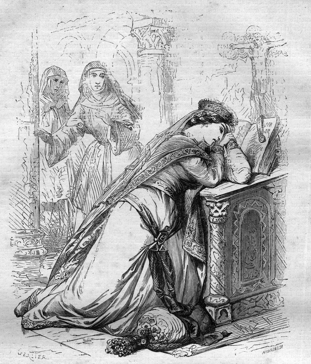 Agnes de Meranie eller Meran (1172-1201), dronning af Frankrig, blev sendt til klosteret af kong Philip Augustus. Indgravering i "" Pavernes historie (...) Dronningekongens og kejsernes forbrydelser gennem århundrederne" af Maurice Lachatre af French School