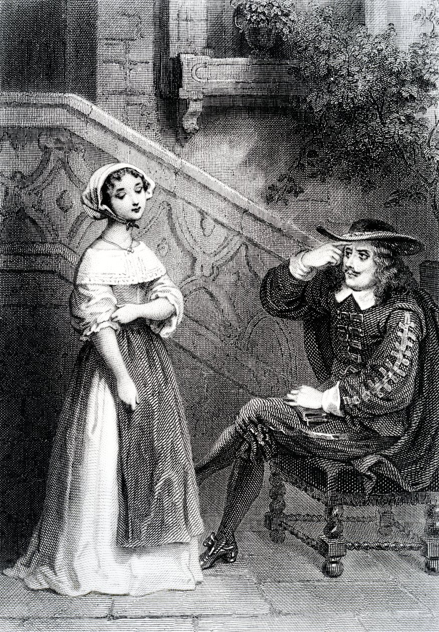 Agnes med sin værge Arnolphe, fra The School for Wives, af Moliere af French School