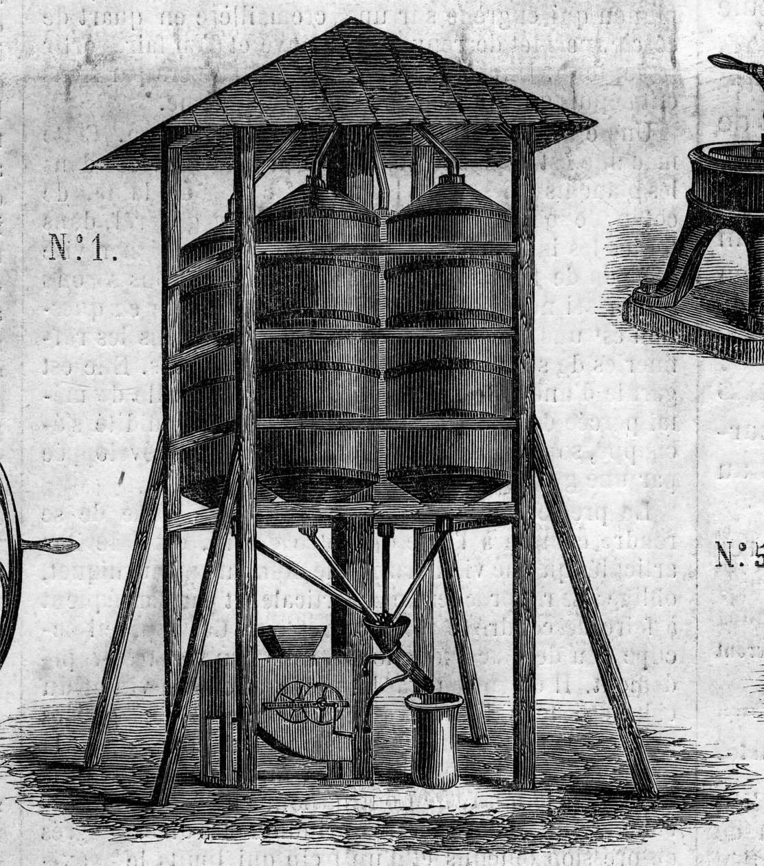 Landbrugsmaskine: et konservativt loft til hvede præsenteret på landbrugsudstillingen i 1860 i Paris. Indgravering i "" Le Monde Illustré"" nr. 168 af 30. juni af French School