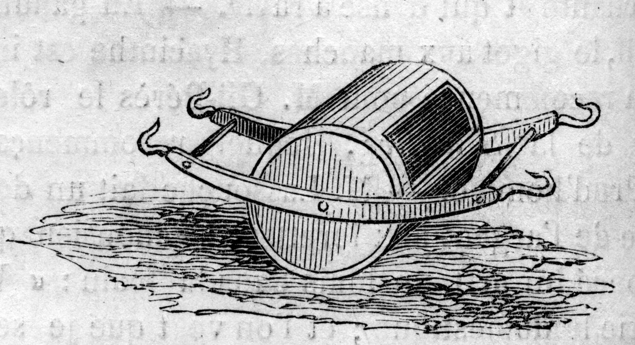 Landbrugsmaskine: en distributørgødningsdør præsenteret ved landbrugskonkurrencen i Paris i 1860. Indgravering i "" Le Monde Illustré"" nr. 172 af 28. juli 1860. af French School
