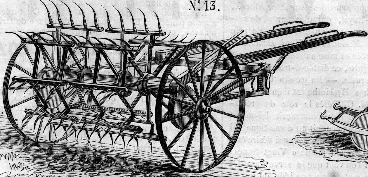 Landbrugsmaskine: en engelsk dobbeltvirkende høvender præsenteret ved landbrugskonkurrencen i Paris i 1860. Indgravering i "" Le Monde Illustré"" nr. 172 af 28. juli 1860. af French School