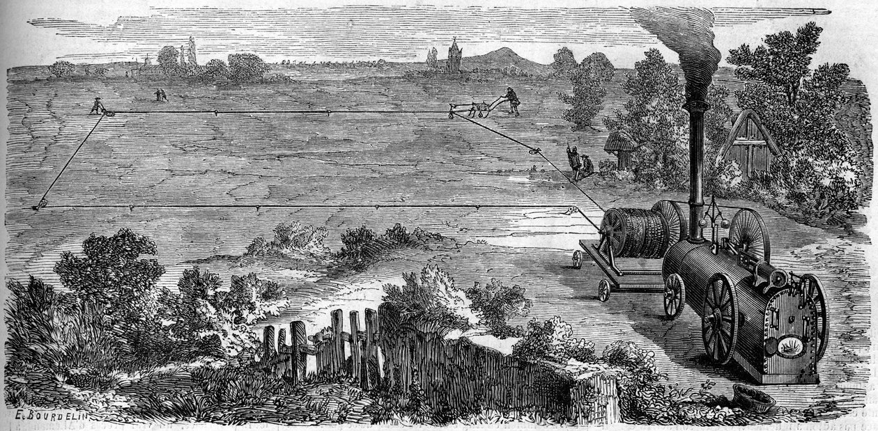 Landbrug: bønder, der bruger en dampmaskine til deres dyrkning. Indgravering i "" Le Monde Illustré"" nr. 131 af 15. oktober 1859. af French School