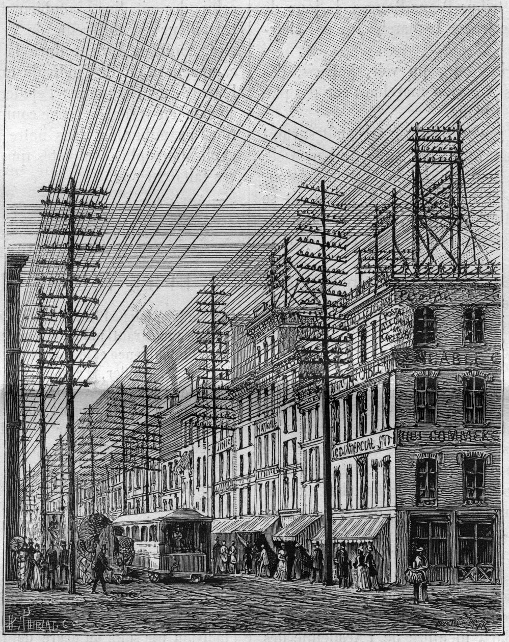 Air elektriske ledninger, i Philadelphia (USA), hjørnet af Chestnut Street og tredje gade. Indgravering i "" La Nature. Revue des sciences et de ses applications aux arts et a l