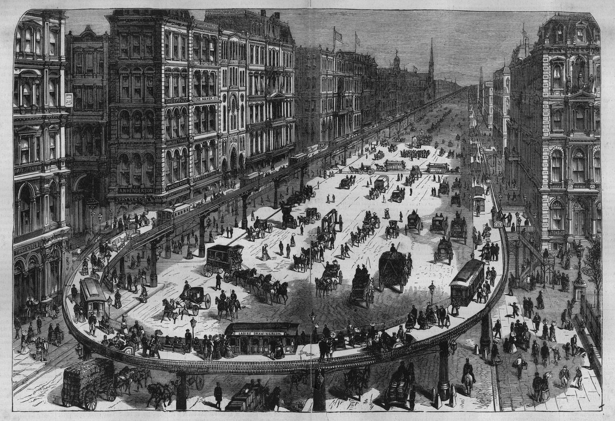 Flyselskabers jernbaner i en by i USA. Indgravering fra 1880 i "La republique illustree"" privatsamling. af French School