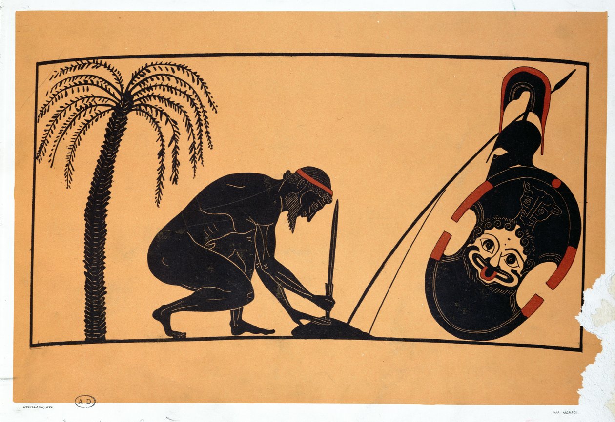 Ajax forbereder sig på at begå selvmord, illustration af en antik græsk vase (farve litho) af French School