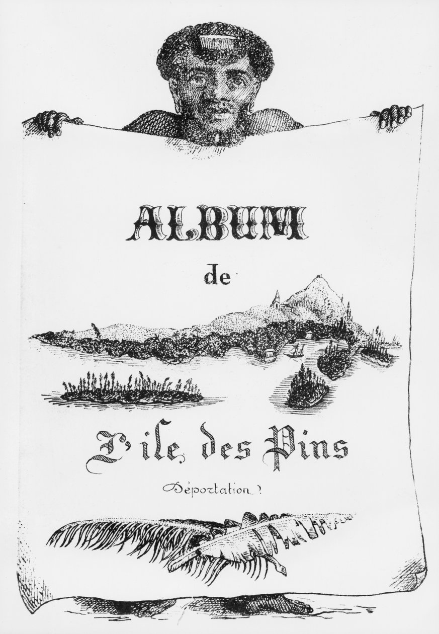 Album af Isle of Pines, Ny Kaledonien, deportation, illustration på forsiden, 1877 (bw litho) af French School