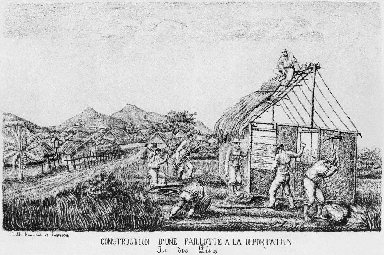 Album af Isle of Pines, opførelse af en halmhytte af de deporterede, 1878-79 af French School
