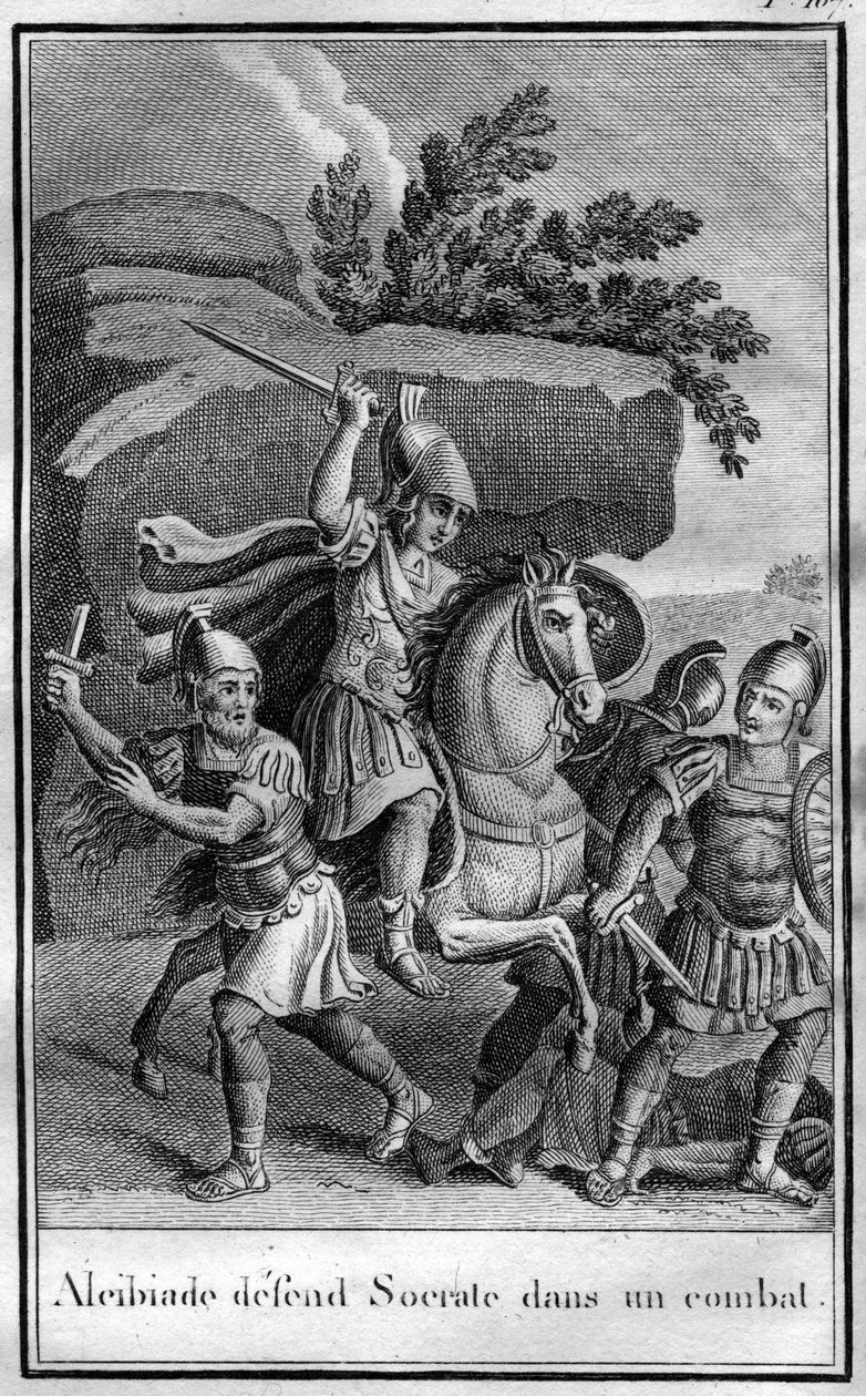 Alcibiades (450-404 f.Kr.), athensk statsmand og strategi forsvarer Sokrates i en kamp. I "" Oldtidens histories skønheder eller mindeværdige fakta og ordsprog fra store mænd"" af French School