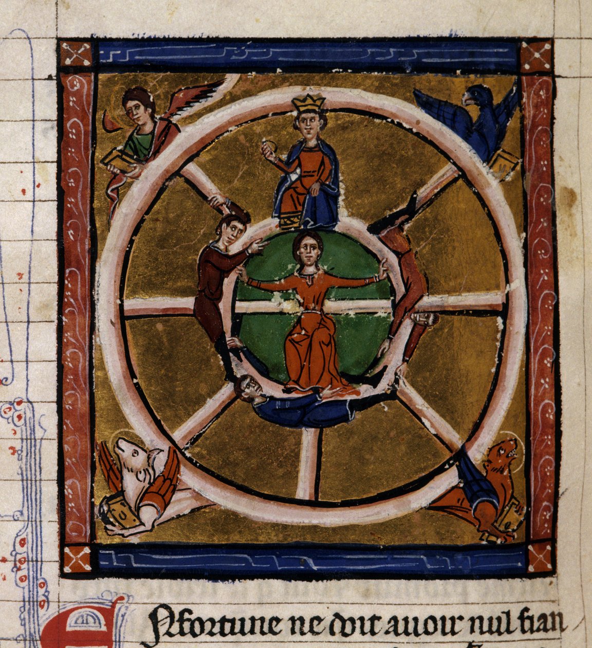Alexander III Den Store (356-323 f.Kr.), der sidder på Lykkehjulet, omgiver Tetramorfen. Miniature af manuskriptet "Histoire ancienne à la Cesar", omkring 1260-1270 skrevet af en kontorist i tjeneste ved hoffet til Roger IV, Chatelain af Lille (120) af French School