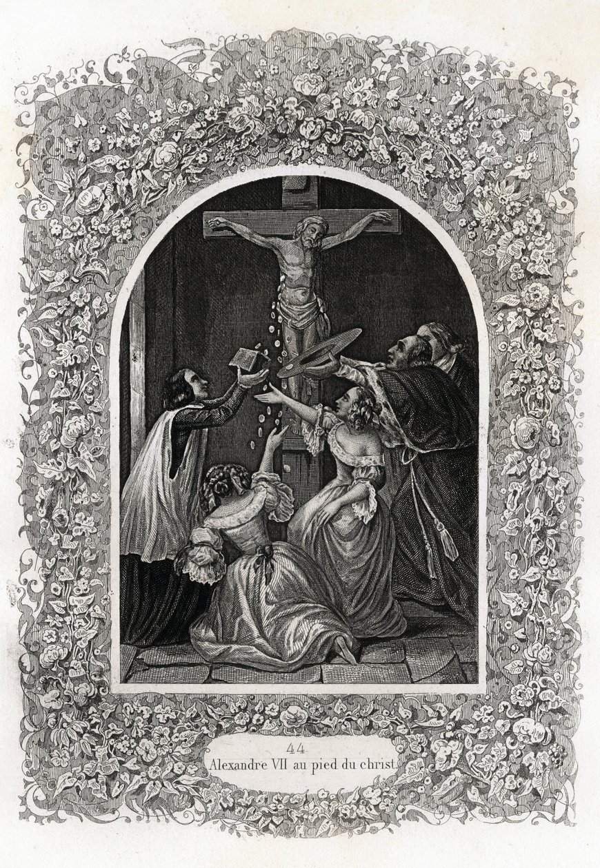 Alexander VII (Alexander eller Alessandro) (pave 1655 til 1667) ved Kristi fod. Gravering til illustration af Histoire des popes af Maurice Lachatre (1814-1900), librairie du progres, Paris. af French School