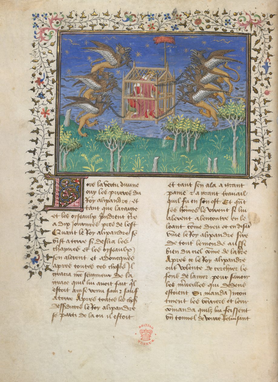Alexanders griffedrevne flyvemaskine, ca. 1420-25 (farve på pergament) af French School