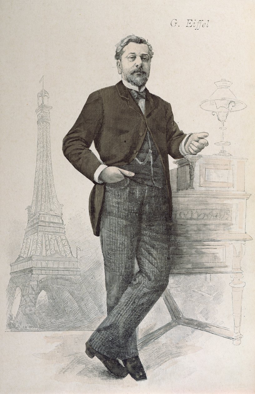 Alexandre Gustave Eiffel poserer ved sit skrivebord med en tegning af Tour Eiffel, illustration fra La Revue Illustree, 1888 af French School