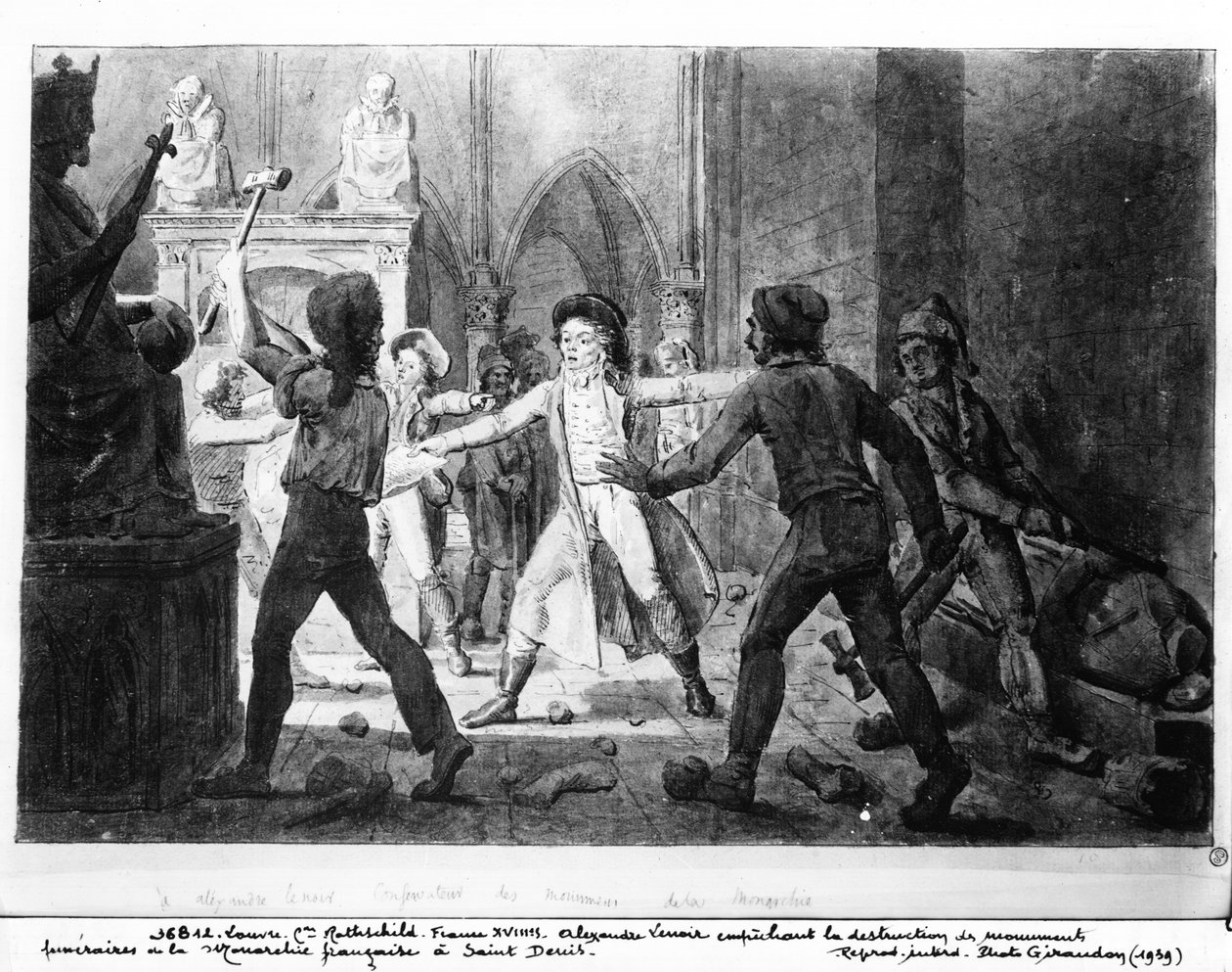 Alexandre Lenoir (1761-1839) modsætter sig ødelæggelsen af det franske monarkis kongegrave i Saint-Denis-kirken, 1793 (pen og blæk og vask på papir) af French School