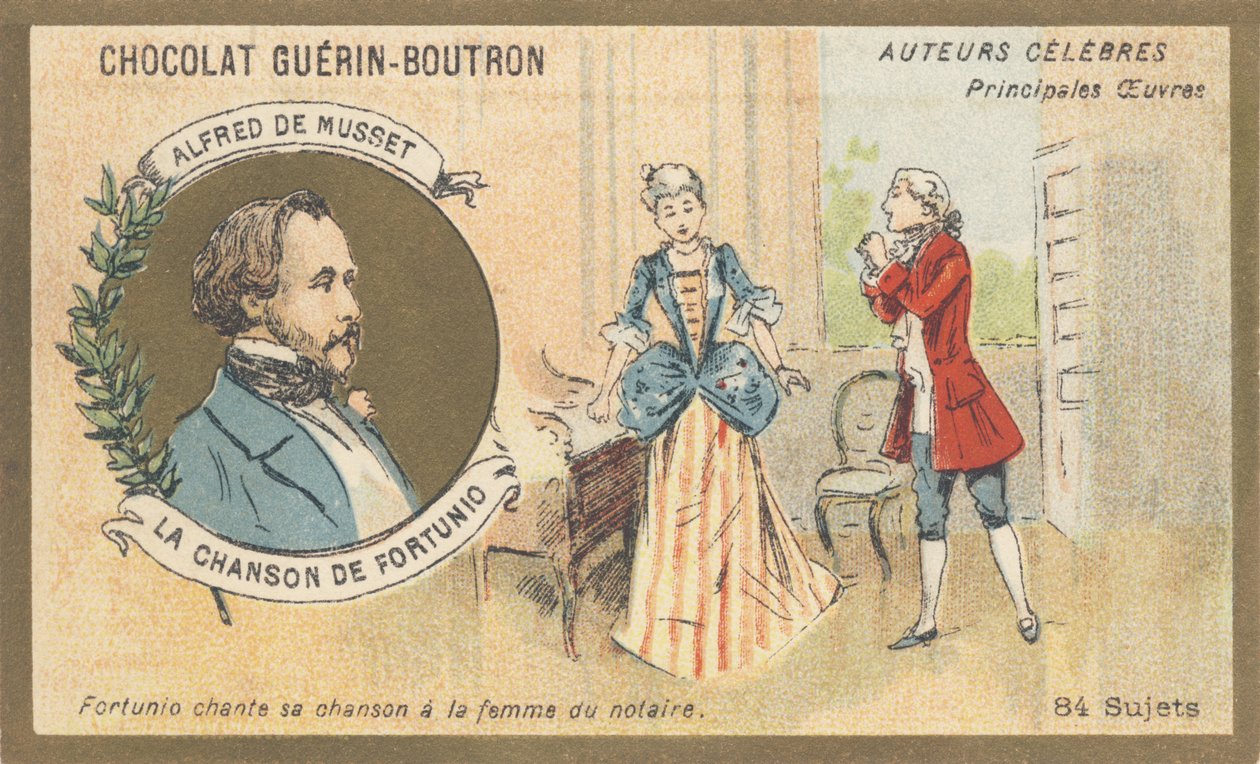 Alfred de Musset (1810-1857), fransk forfatter fra den romantiske periode, forfatter til "Chanson de Fortunio", poesi (1852) af French School