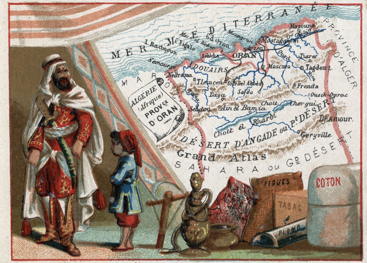 Algeriet i Afrika og provinsen Oran, Frankrig. Serie om de franske departementer. Import af figner, bomuld, tobak, agathe og bly. Chromolithography (Chromo) "" den geografiske tråd"", ca. 1920. Privat samling. af French School