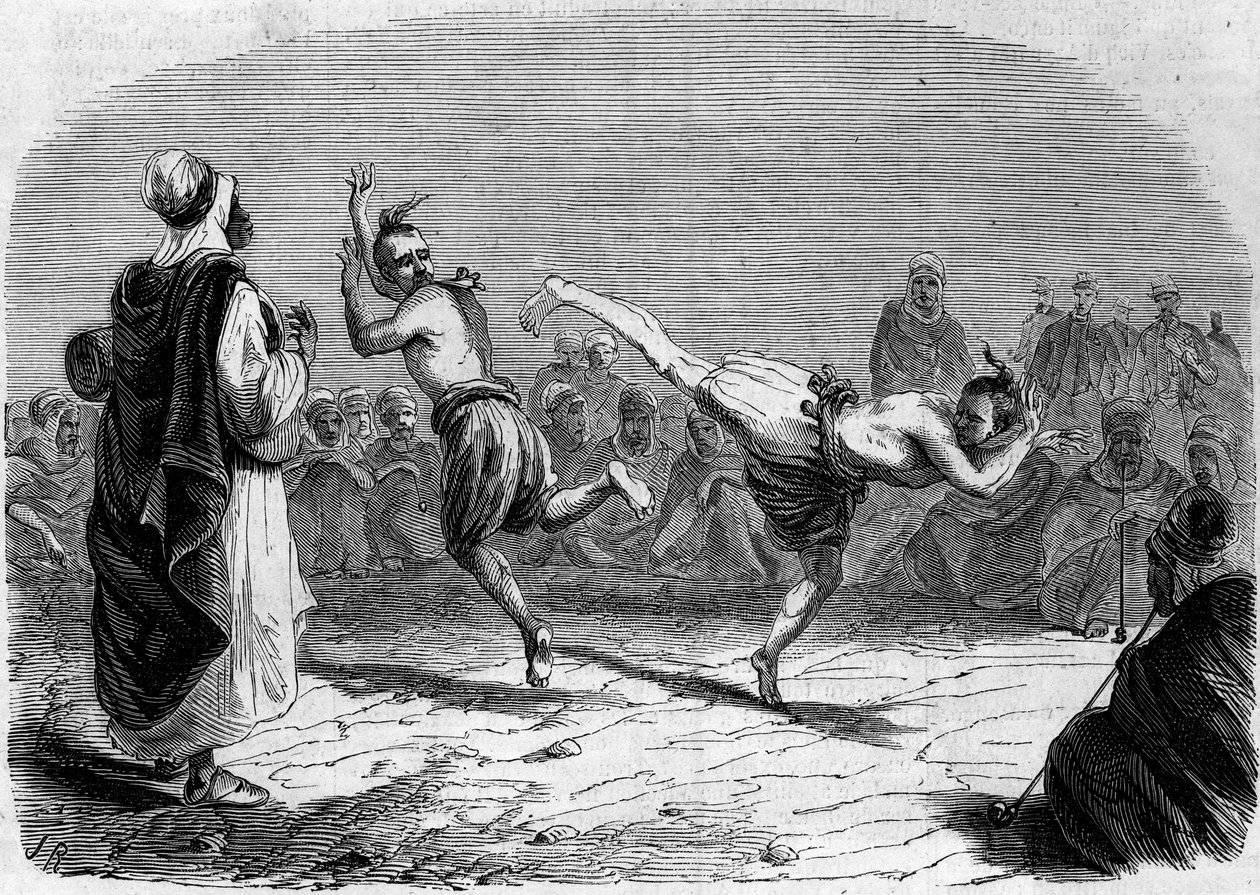 Algerisk skik: Arabisk dans. Tegning af Mr. Rigo, baseret på en skitse af Mr. Ameler, bataljonsleder. Indgravering i "" Le Monde Illustré"" nr. 86 af 11. december 1858. af French School