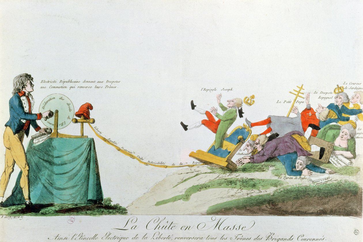 Alle falder ned, elektriciteten genereret af erklæringen om menneskets rettigheder under den franske revolution vælter Europas troner og monarker, ca. 1793 af French School