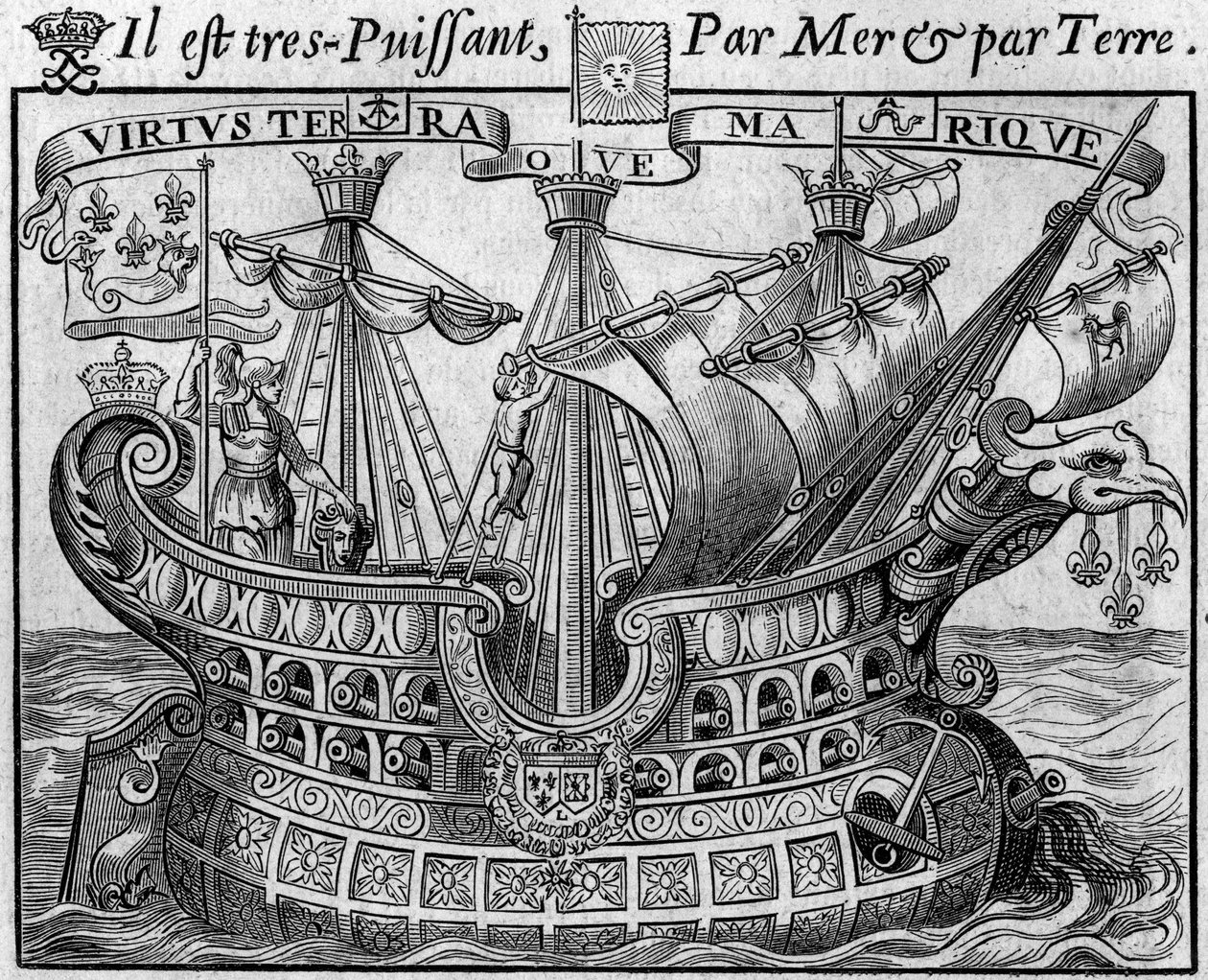 Allegori om fransk magt: "Statens skib", symbol på Frankrig, minder også om våben i byen Paris. Uddrag fra "Livre des monnoyes etrangeres ou le grand banker de France" (1687) af Francois Barreme (1638-1703), fransk matematiker. Eng af French School