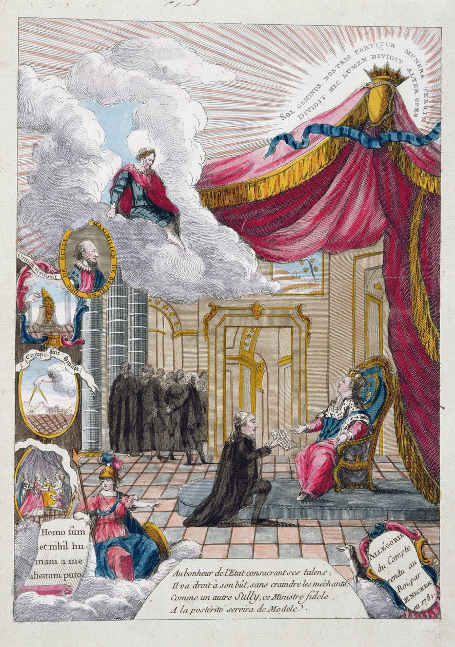 Allegori af rapporten givet til Louis XVI (1754-93) af Jacques Necker (1732-1804) i 1781 (farvestik) af French School