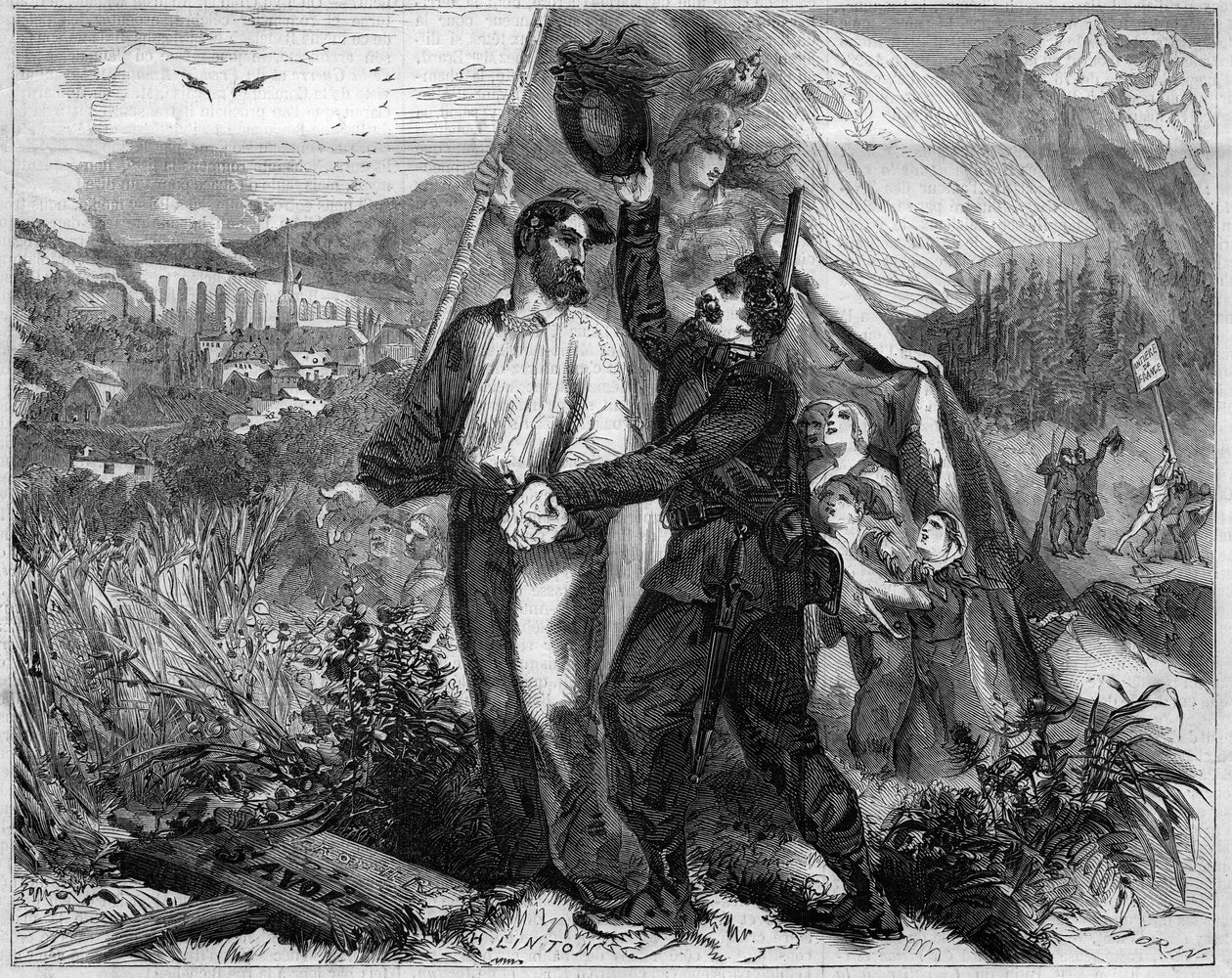 Allegori om annekteringen af Savoyen til Frankrig i 1860. Indgravering i "" Le Monde Illustré"" nr. 167 af 23. juni 1860. af French School