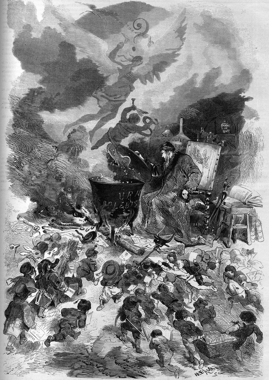 Allegori om folkeafstemningen om Napoleon III i 1870. Afstemningsurnen bliver en gryde, hvori den folkelige afstemning ulmer. Ilden næres af det døde ved fra det gamle træ i den franske forfatning. Gravering af Edmond Morin i "" The Illustrous Worl af French School