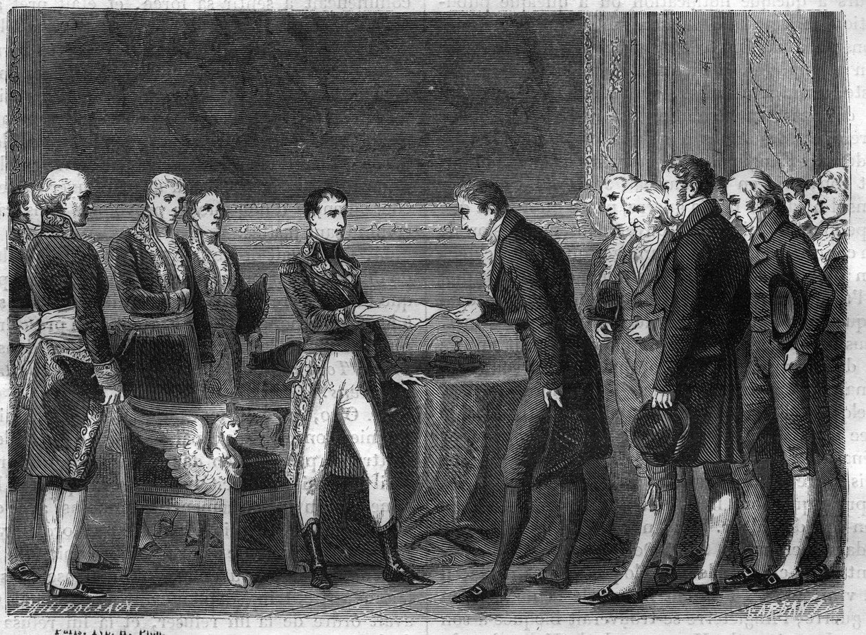 Tildeling af den første konsul Bonaparte til de schweiziske deputerede i Den Helvetiske Republik ved at give dem mæglingsakten i november 1802 - Indgravering fra "Histoire du Consulate et de l