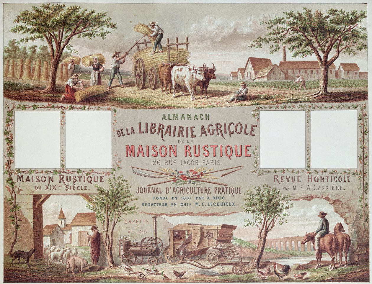 Almanak, der illustrerer traditionelle og moderne landbrugsmetoder. ca. 1870-80 af French School