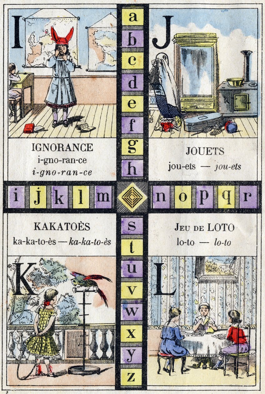 Alfabet og bogstav I J K og L, uvidenhed, legetøj, kakatoes og lottospil. ABC af de små piger. Epinal billeddannelse af French School