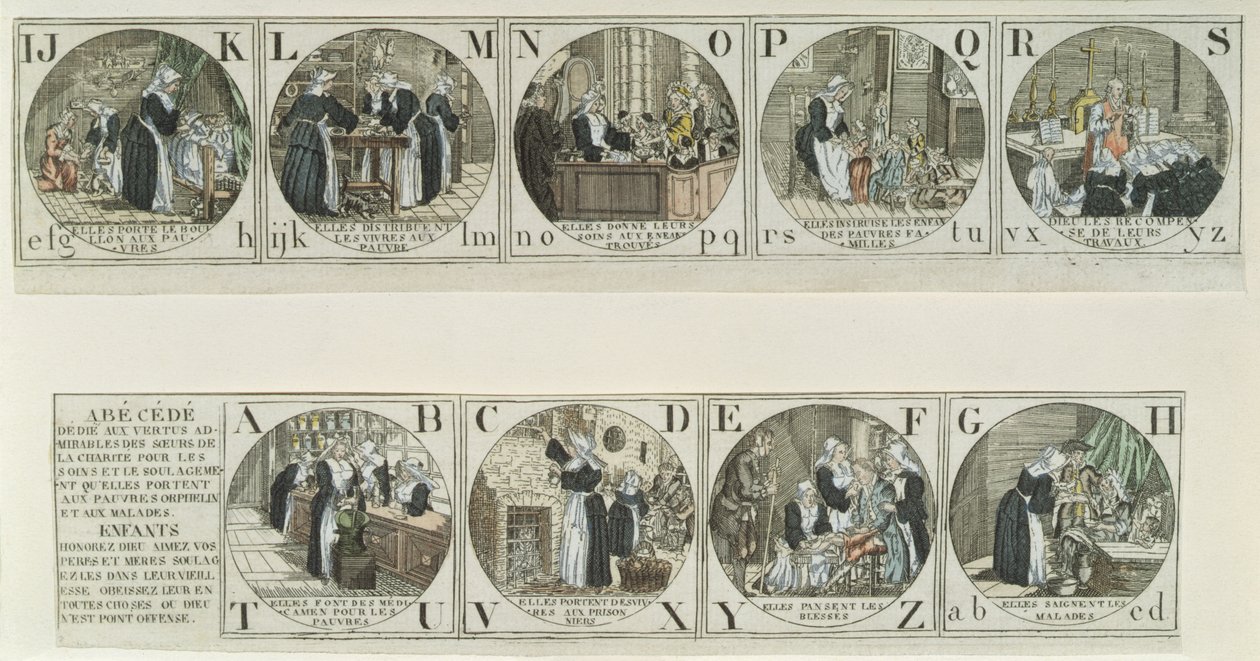 Alfabet grundbog, der viser værket af Sisters of Charity, begyndelsen af det nittende århundrede (farvegravering) af French School