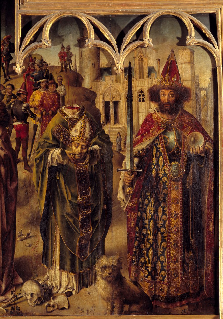 Altertavle af parlamentet i Paris: detalje af den højre del, der repræsenterer den kristne martyr Saint Denis af Paris (3. århundrede) er halshugget og holder hans hoved i hænderne, ved siden af ham kejser Karl den Store (742-814) som en byzantinsk kejser. af French School