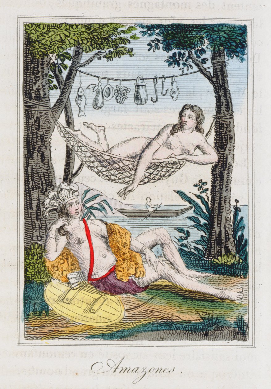 Amazoner, illustration fra History of travel around the world af J. Dufay, udgivet af Courvalet & Co., Paris, 1826 (farvegravering) 1826 (farvegravering) af French School