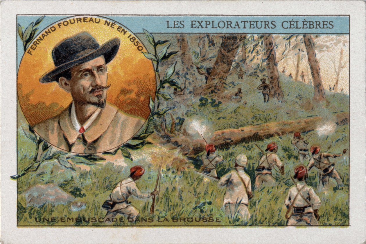 Baghold i den afrikanske bush under en ekspedition af den franske opdagelsesrejsende Frenand Fourreau (1850 - 1914). Kromolitografi af det 19. århundrede. af French School