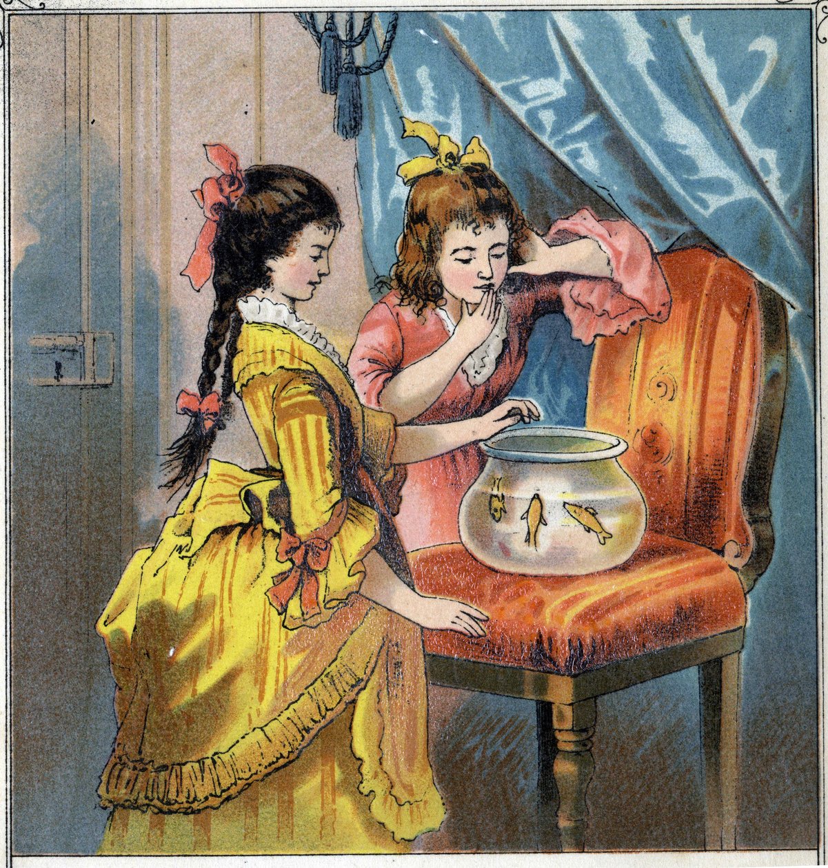Amelie og Emma har to smukke guldfisk i en krukke. De fodrer dem på en rutinemæssig basis. Kromolitografi fra "" Scenes enfantines""" udg. Guerin - Muller omkring 1885. af French School