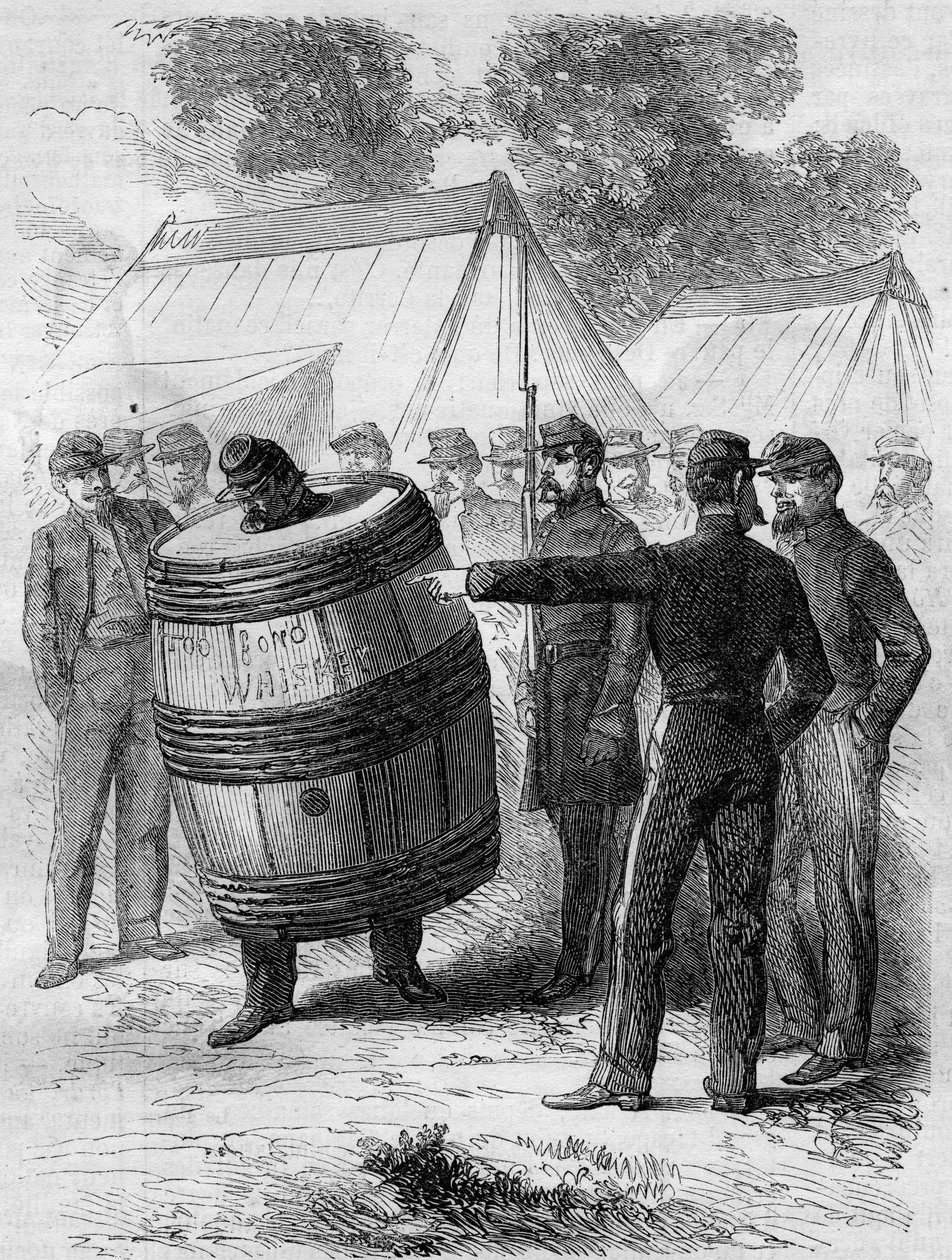 Amerikansk borgerkrig (1861-1865): afstraffelse af en beruset soldat fra den konfødererede hær. Han er iført en tøndepierce og rollator gennem lejren under andre soldaters morsomme blik. Indgravering i "" Le Monde Illustré"" nr. 276 af 26. juli 1862. af French School