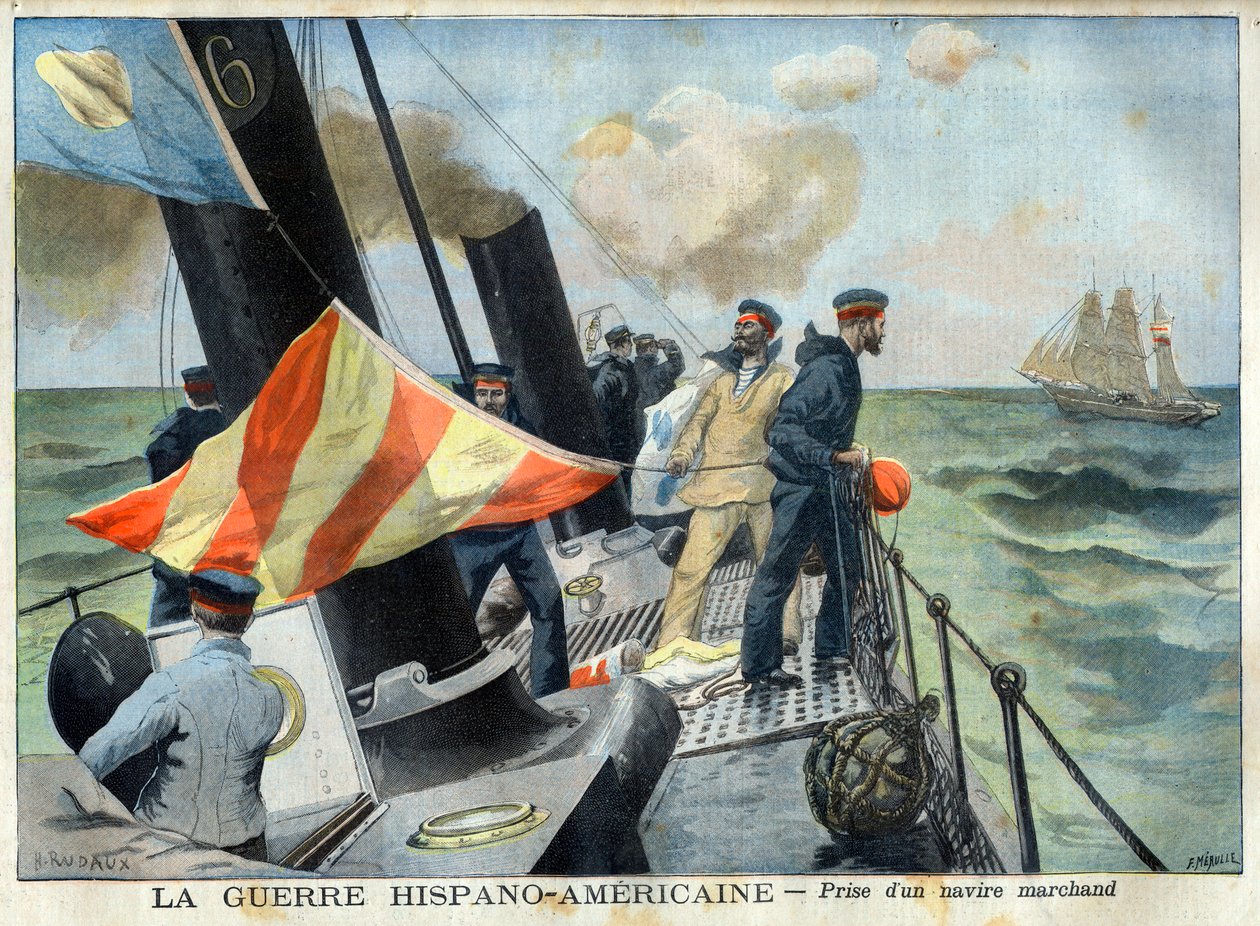 American Hispano War (eller Desastre of 98) - Den spansk-amerikanske krig: erobring af et handelsskib. Den spansk-amerikanske krig - at tage et handelsskib. Illustration til Le petit Journal af French School