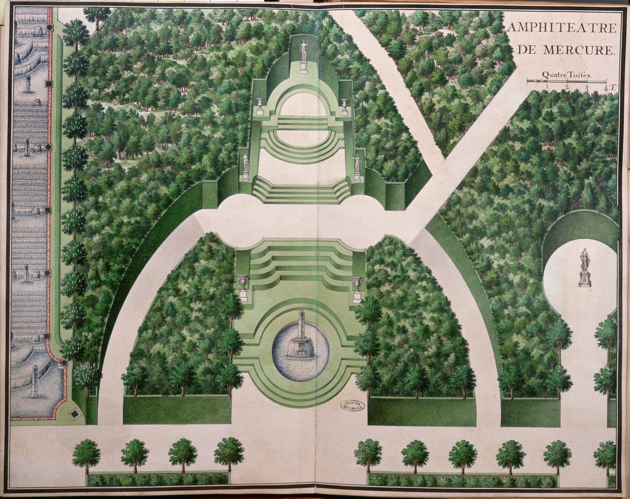Amphitheatre of Mercury, fra Gardens of Marly, begyndelsen af det 18. århundrede (wc på papir) af French School