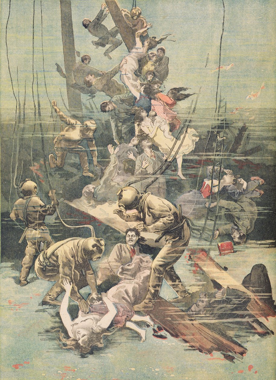 En ulykke i Santander, dykkere leder efter ofrenes lig, illustration fra "Le Petit Journal", 25. november 1893 af French School