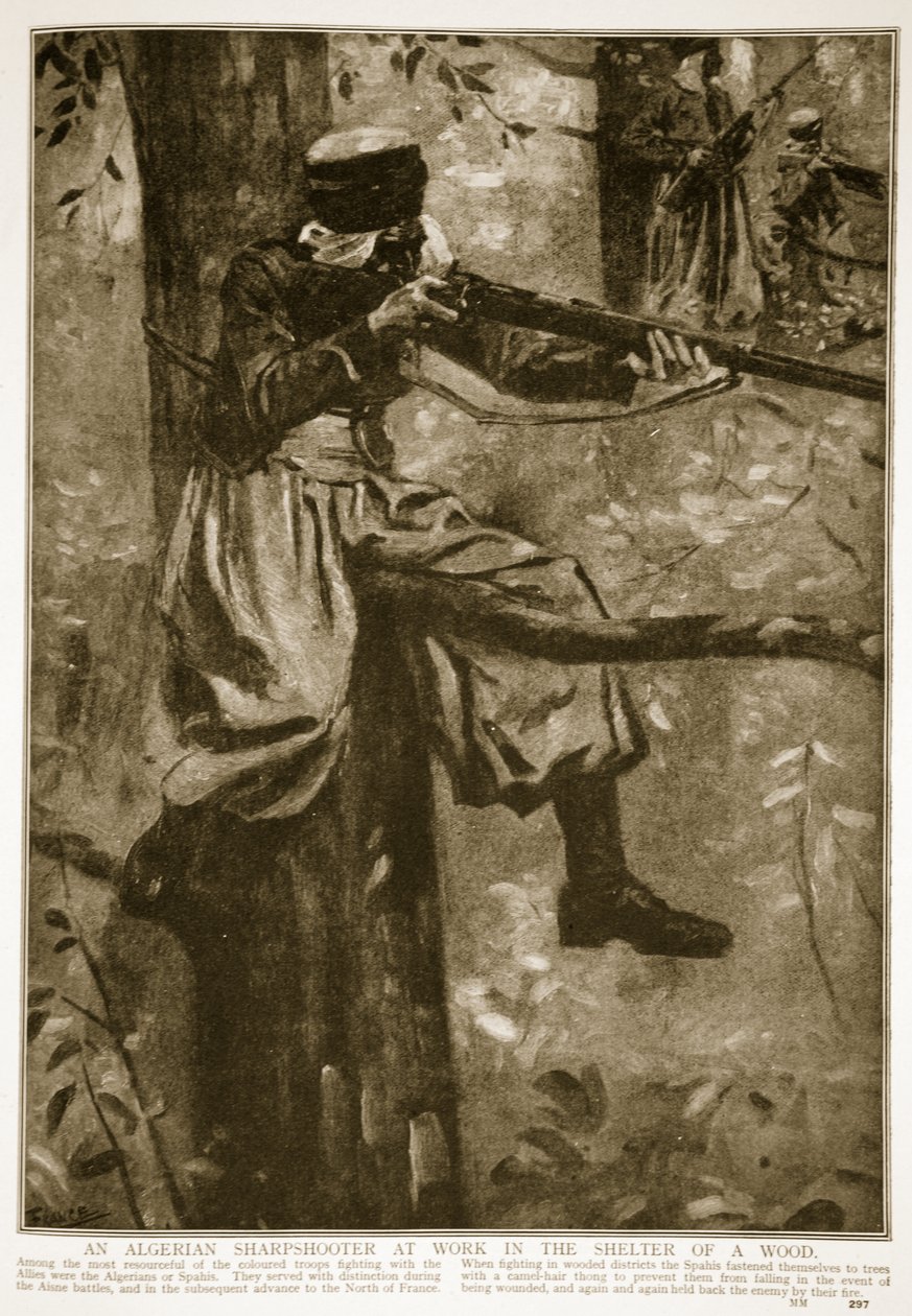 En algerisk skarpskytte på arbejde i ly af en skov, 1914-19 af French School