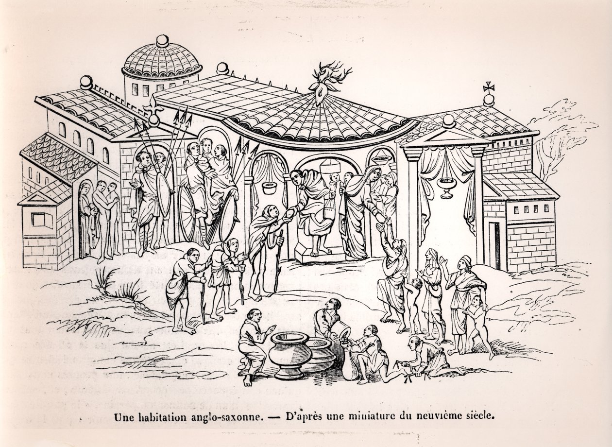 Et angelsaksisk hjem i England før normannernes ankomst, efter en miniature fra det 9. århundrede af French School