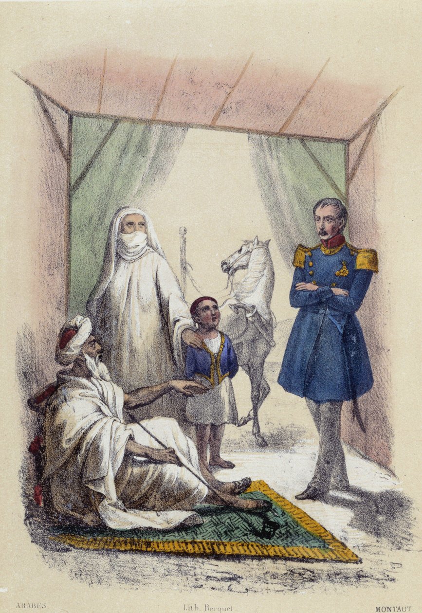En arabisk familie får besøg af en soldat; illustration for arabiske lande, -i "De tolv nationer"" af M.E. Fouinet af French School
