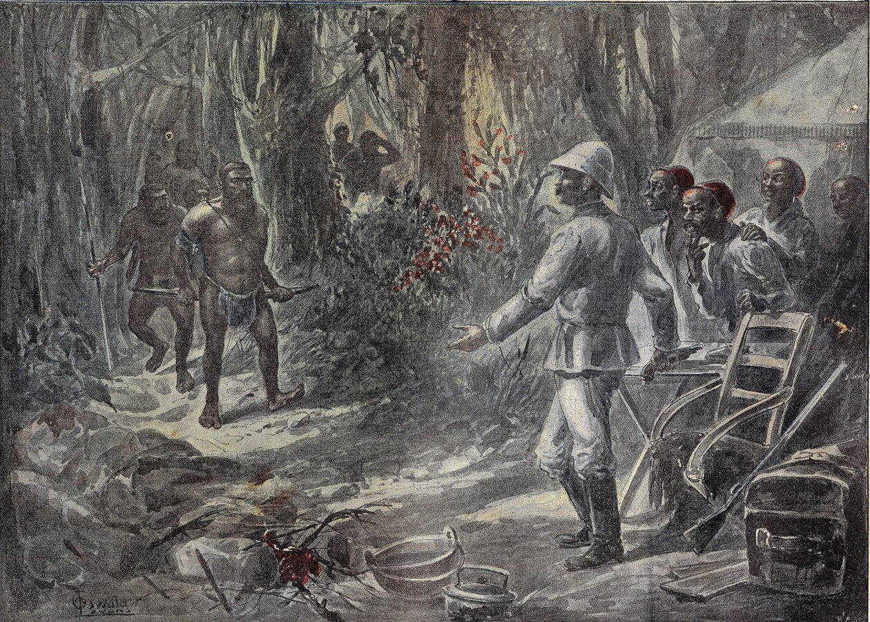 En engelsk rejsende Lloyd opdager Pygmæerne, mens han udforsker Afrika. Indgravering i "" Le Pelerin"" 8/04/1899. af French School