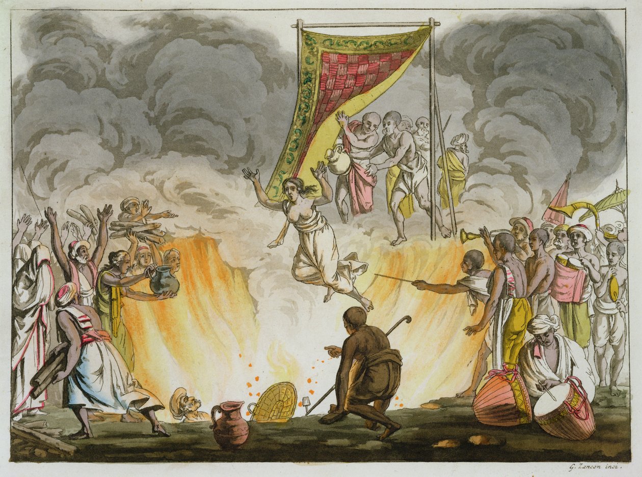 En indisk enke brænder ihjel med sin mands krop, plade 30 fra en bog om Indien, indgraveret af Gaetano Zancon (1771-1816) af French School